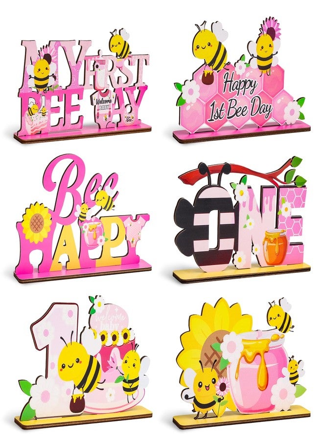 RANERVZ 6pcs Happy 1st Bee Day Wooden Table Centerpieces for First Birthday Party Decorations Pink Bumble Bee Party Table Centerpieces for Girl My 1st Bee Day Baby Shower One Birthday Table Sign Decors - Image 1